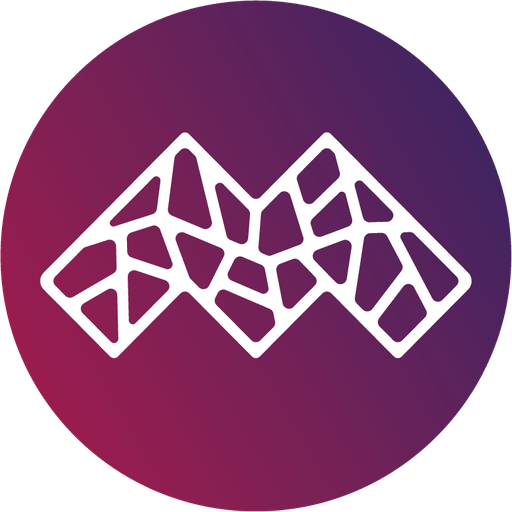 Stylized "M" shape composed of interconnected polygonal shapes, representing the MystNodes network, with a gradient background transitioning from dark purple to dark red.